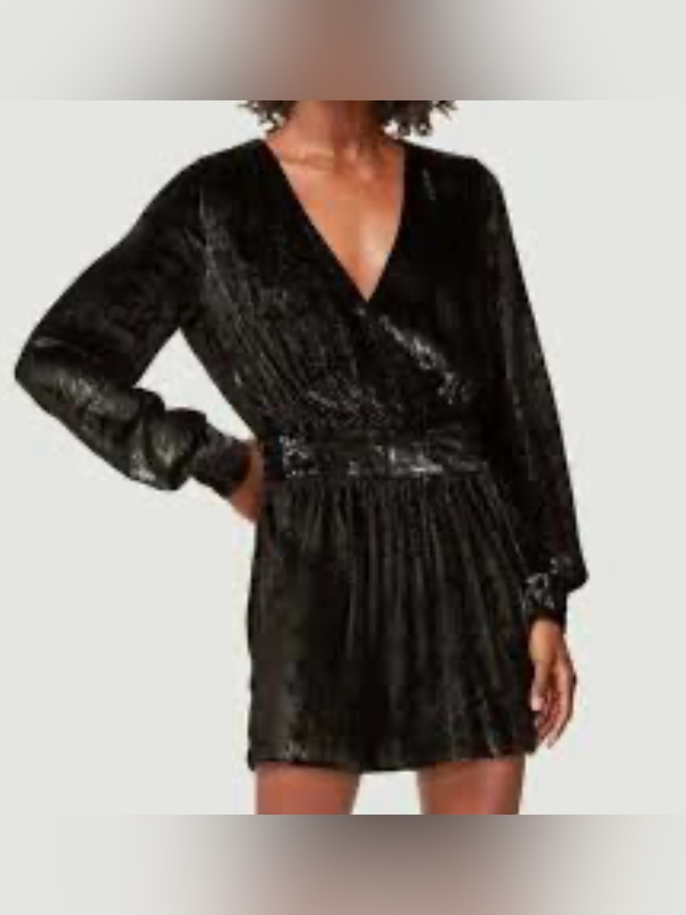 $495 Frame Metallic Velvet Long-Sleeve Mini Dress in Noir